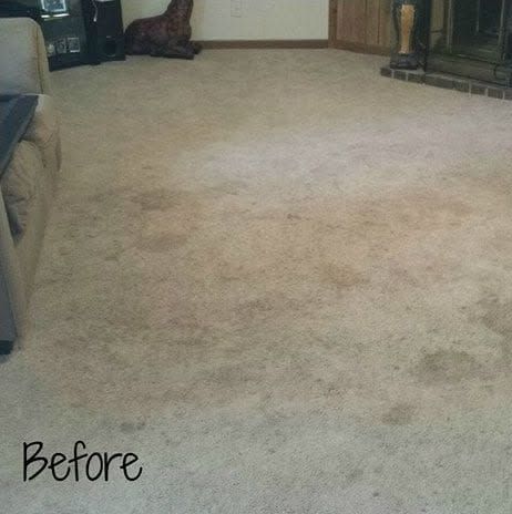 A living room carpet before cleaning, with traffic marks