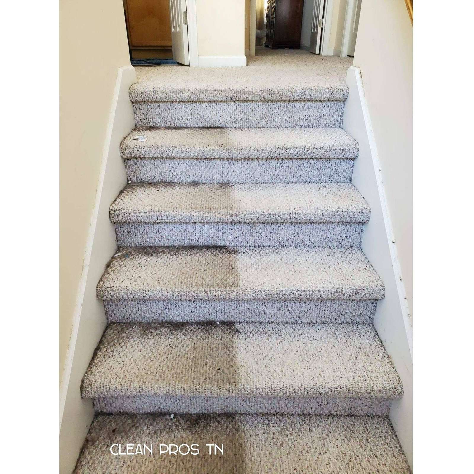 Carpeted stairs partway through cleaning, with a clear difference between cleaned and uncleaned areas